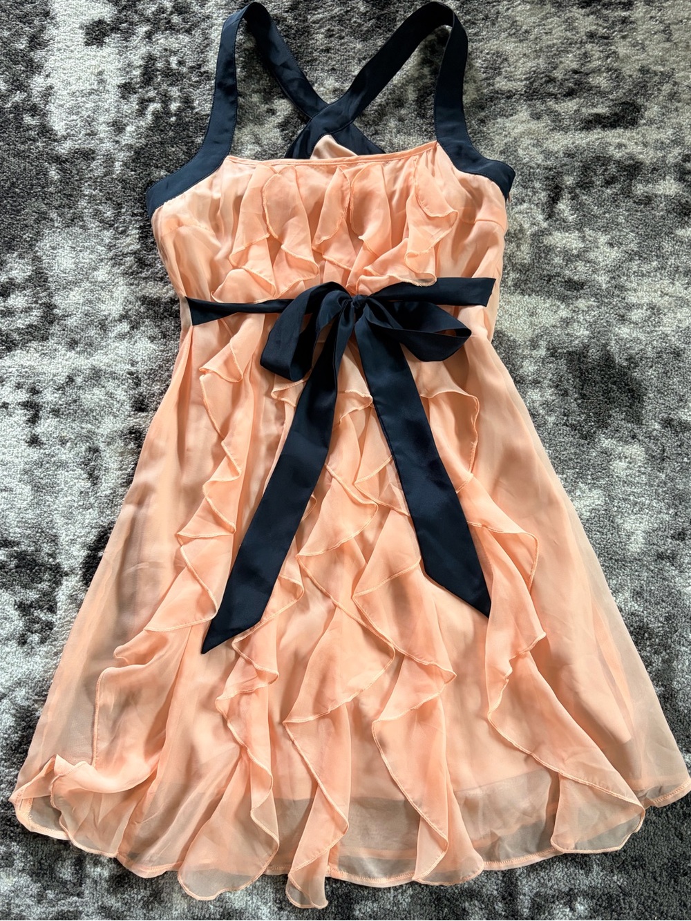A'Reve Peach Chiffon Waterfall Ruffle Dress with Navy Cross-Back Straps